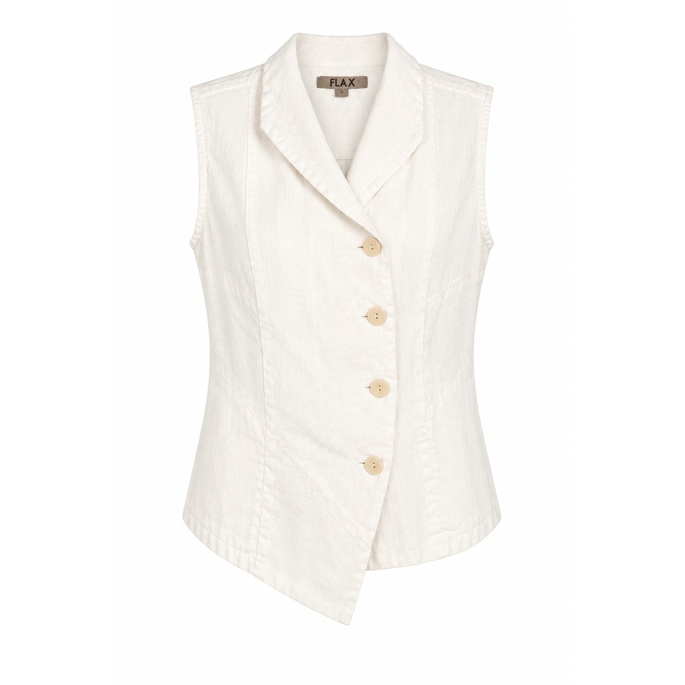 FLAX Asymmetrical Button Front Vest White 100% Linen Sleeveless Wrap XS